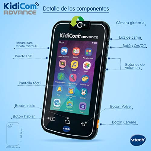 VTech - Kidicom Advance, dispositivo inteligente para niños, pantalla táctil 5" HD, objetivo giratorio 180º para fotos, selfis y vídeos, control parental, juegos, color negro (80-186622)