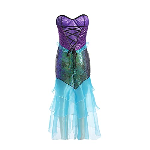 wdehow Disfraz de Sirena para mujer, disfraz de escena de sirena de Halloween sin tirantes Top de tubo con lentejuelas y falda de cola larga con lentejuelas, vestido de cosplay, azul, L