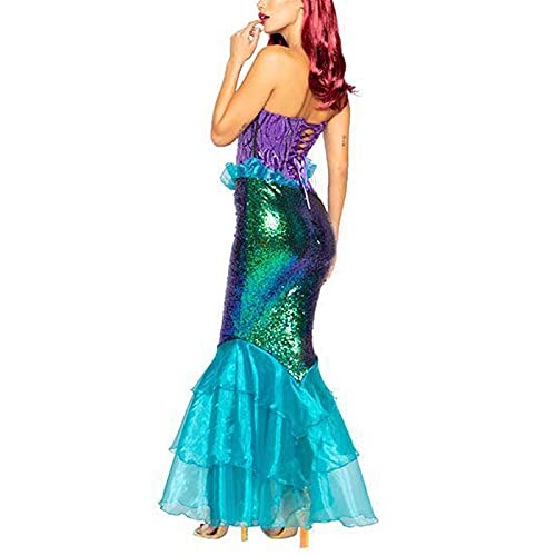 wdehow Disfraz de Sirena para mujer, disfraz de escena de sirena de Halloween sin tirantes Top de tubo con lentejuelas y falda de cola larga con lentejuelas, vestido de cosplay, azul, L