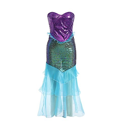 wdehow Disfraz de Sirena para mujer, disfraz de escena de sirena de Halloween sin tirantes Top de tubo con lentejuelas y falda de cola larga con lentejuelas, vestido de cosplay, azul, L