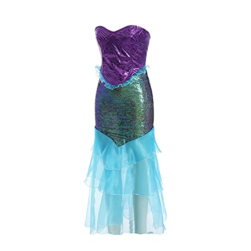 wdehow Disfraz de Sirena para mujer, disfraz de escena de sirena de Halloween sin tirantes Top de tubo con lentejuelas y falda de cola larga con lentejuelas, vestido de cosplay, azul, L