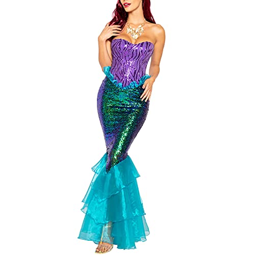 wdehow Disfraz de Sirena para mujer, disfraz de escena de sirena de Halloween sin tirantes Top de tubo con lentejuelas y falda de cola larga con lentejuelas, vestido de cosplay, azul, L