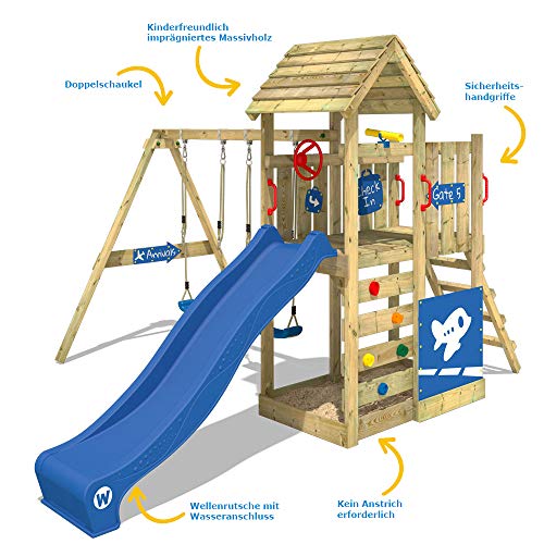 WICKEY Parque infantil de madera MultiFlyer Deluxe con columpio y tobogán azul, Torre de escalada de exterior con arenero y escalera para niños