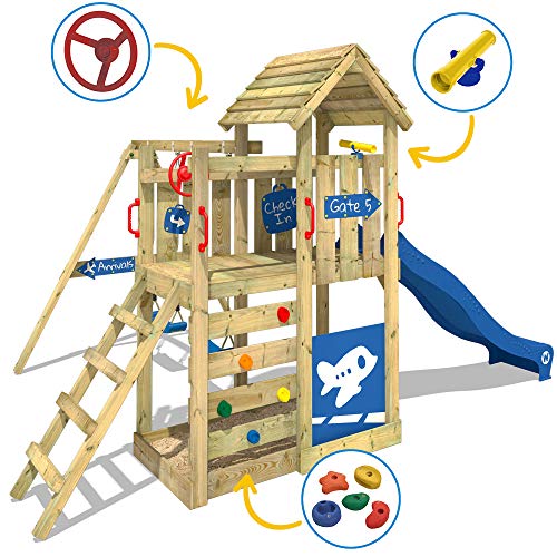 WICKEY Parque infantil de madera MultiFlyer Deluxe con columpio y tobogán azul, Torre de escalada de exterior con arenero y escalera para niños