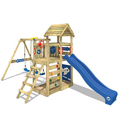 WICKEY Parque infantil de madera MultiFlyer Deluxe con columpio y tobogán azul, Torre de escalada de exterior con arenero y escalera para niños