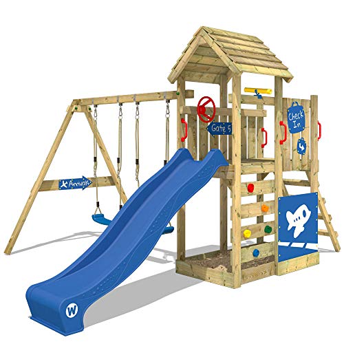 WICKEY Parque infantil de madera MultiFlyer Deluxe con columpio y tobogán azul, Torre de escalada de exterior con arenero y escalera para niños