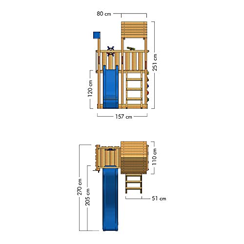 WICKEY Parque infantil de madera Smart Flash con tobogán azul, Torre de escalada de exterior con arenero y escalera para niños