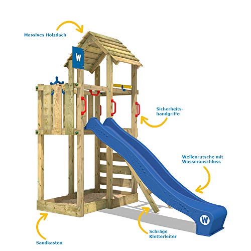 WICKEY Parque infantil de madera Smart Flash con tobogán azul, Torre de escalada de exterior con arenero y escalera para niños