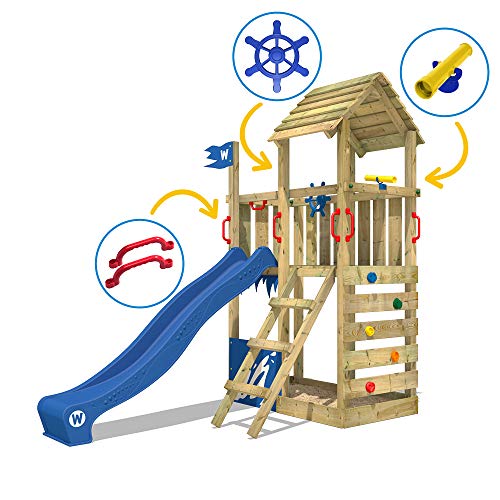 WICKEY Parque infantil de madera Smart Flash con tobogán azul, Torre de escalada de exterior con arenero y escalera para niños