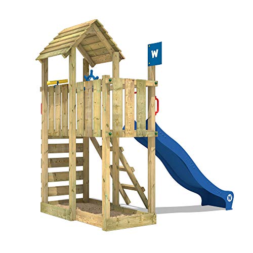 WICKEY Parque infantil de madera Smart Flash con tobogán azul, Torre de escalada de exterior con arenero y escalera para niños