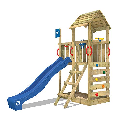 WICKEY Parque infantil de madera Smart Flash con tobogán azul, Torre de escalada de exterior con arenero y escalera para niños