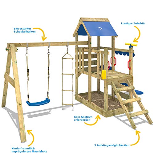 WICKEY Parque infantil de madera TurboFlyer con columpio y tobogán rojo, Torre de escalada de exterior con arenero y escalera para niños