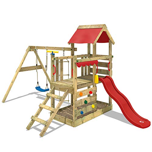 WICKEY Parque infantil de madera TurboFlyer con columpio y tobogán rojo, Torre de escalada de exterior con arenero y escalera para niños