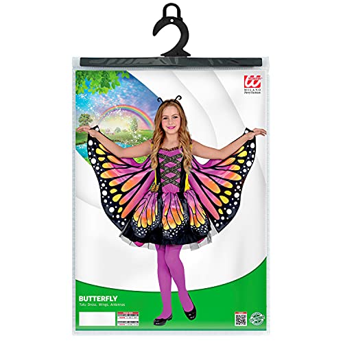 WIDMANN 10865 10865 - Disfraz infantil de mariposa, vestido con tutú, alas, antenas, animales, pliegues, fiesta temática, carnaval, niña, multicolor, 116 cm/4-5 años