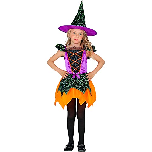 WIDMANN - Disfraz infantil de bruja de 2 piezas, vestido y sombrero, multicolor, cuentos de hadas, disfraces, fiestas temáticas, carnaval, Halloween (97358)