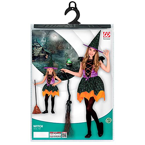 WIDMANN - Disfraz infantil de bruja de 2 piezas, vestido y sombrero, multicolor, cuentos de hadas, disfraces, fiestas temáticas, carnaval, Halloween (97358)