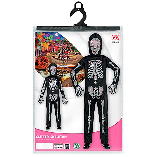 WIDMANN - Disfraz infantil de esqueleto brillante, 2 piezas, mono y máscara con capucha, calavera, huesos, disfraz, fiesta temática, carnaval, Halloween (98235)