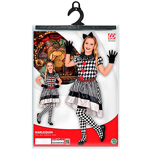 WIDMANN - Disfraz infantil retro de clown, vestido con cuello de payaso, lazo, guantes, para niñas, a cuadros, rayas, disfraz, fiesta temática, carnaval, Halloween (09016)