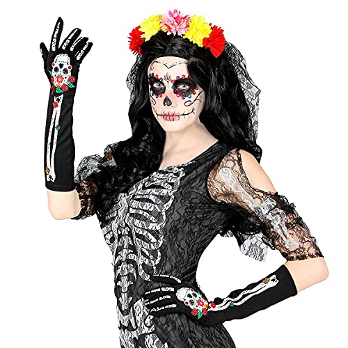 WIDMANN Guantes 34279 Dia de los Muertos, Longitud Aprox. 40 cm, Carnaval, Fiesta temática, Multicolor, Talla única Unisex Adulto