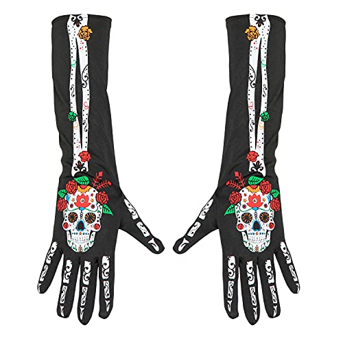 WIDMANN Guantes 34279 Dia de los Muertos, Longitud Aprox. 40 cm, Carnaval, Fiesta temática, Multicolor, Talla única Unisex Adulto