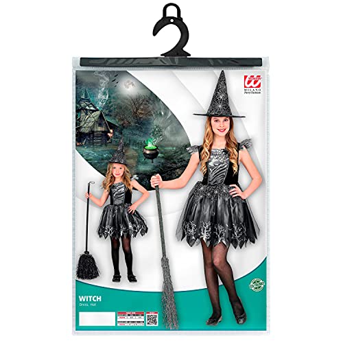 WIDMANN Widmann-97365 Infantil de Bruja, 2 Piezas, Vestido y Sombrero, Negro y Plateado, Red de araña, Cuentos de Hadas, Disfraz, Fiesta temática, Carnaval, Halloween, Multicolor, 116 cm (97365)