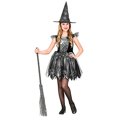 WIDMANN Widmann-97365 Infantil de Bruja, 2 Piezas, Vestido y Sombrero, Negro y Plateado, Red de araña, Cuentos de Hadas, Disfraz, Fiesta temática, Carnaval, Halloween, Multicolor, 116 cm (97365)