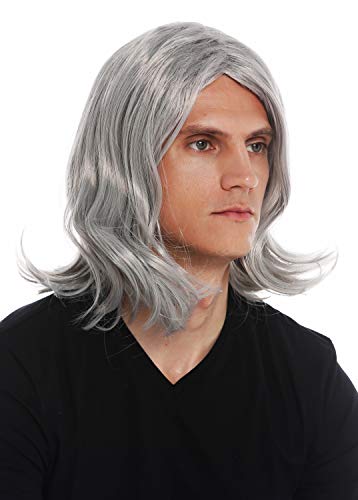 WIG ME UP- 3056-FR68A Peluca Carnaval Hombres Larga Raya en Medio Ondulada Gris Estrella del Rock Viejo Abuelo Cool