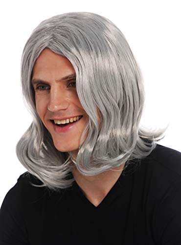 WIG ME UP- 3056-FR68A Peluca Carnaval Hombres Larga Raya en Medio Ondulada Gris Estrella del Rock Viejo Abuelo Cool