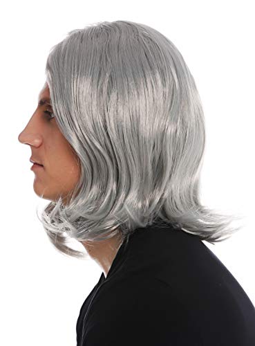 WIG ME UP- 3056-FR68A Peluca Carnaval Hombres Larga Raya en Medio Ondulada Gris Estrella del Rock Viejo Abuelo Cool