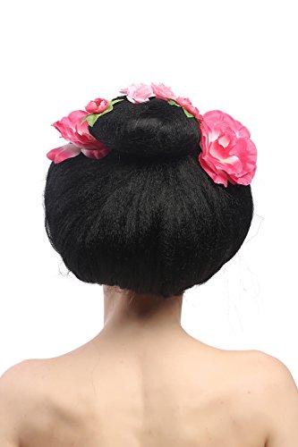 WIG ME UP- 4665-ZA103 Peluca señoras Carnaval Halloween Negra moño Geisha Maiko China Japón Flores