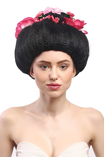 WIG ME UP- 4665-ZA103 Peluca señoras Carnaval Halloween Negra moño Geisha Maiko China Japón Flores