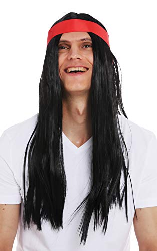 WIG ME UP- 7093-P103 Peluca Halloween Carnaval Hombres Mujeres los 70 Hippie indígena Pelo Negro Largo Liso Raya en Medio Cinta para el Pelo