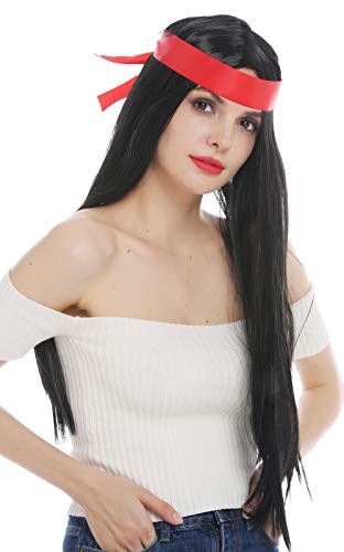 WIG ME UP- 7093-P103 Peluca Halloween Carnaval Hombres Mujeres los 70 Hippie indígena Pelo Negro Largo Liso Raya en Medio Cinta para el Pelo