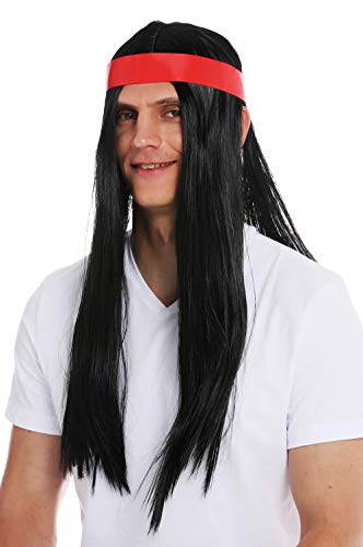 WIG ME UP- 7093-P103 Peluca Halloween Carnaval Hombres Mujeres los 70 Hippie indígena Pelo Negro Largo Liso Raya en Medio Cinta para el Pelo