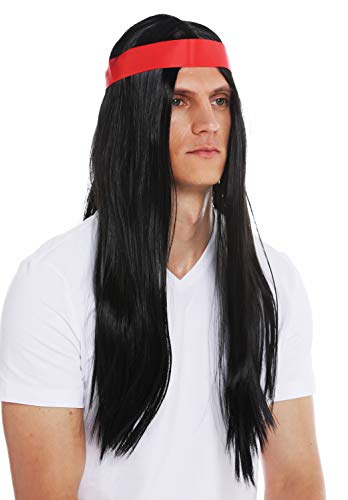 WIG ME UP- 7093-P103 Peluca Halloween Carnaval Hombres Mujeres los 70 Hippie indígena Pelo Negro Largo Liso Raya en Medio Cinta para el Pelo