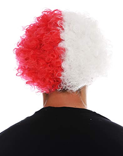 WIG ME UP- MMAM-15M Peluca Carnaval Afro hinchas del fútbol Cabello Blanco Rojo Partido por la Mitad