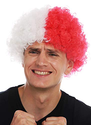 WIG ME UP- MMAM-15M Peluca Carnaval Afro hinchas del fútbol Cabello Blanco Rojo Partido por la Mitad