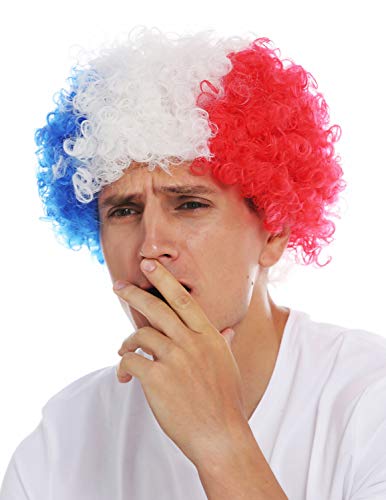 WIG ME UP- MMAM-15M Peluca Carnaval Afro hinchas del fútbol Copa Mundial Francia Tricolor Azul Blanco Rojo