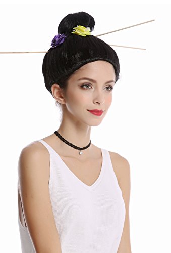 WIG ME UP- WG-7022B-ZA103 Peluca Mujer Halloween Carnaval Geisha Japón China Asia moño Updo Negro