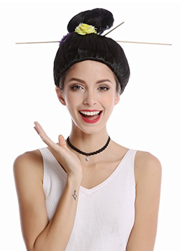 WIG ME UP- WG-7022B-ZA103 Peluca Mujer Halloween Carnaval Geisha Japón China Asia moño Updo Negro