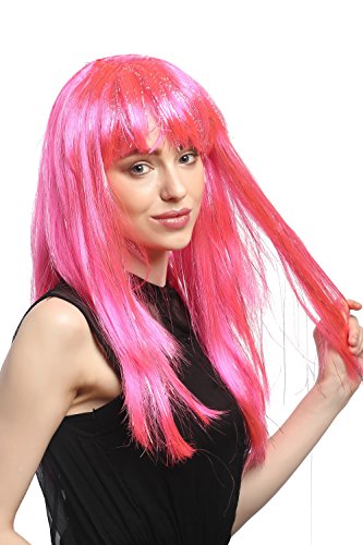 WIG ME UP- XR-003-PC5 Peluca señoras Carnaval Largo Liso mechones de Plata Flequillo Rosa Pink 55 cm