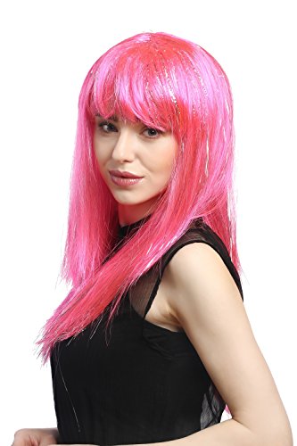 WIG ME UP- XR-003-PC5 Peluca señoras Carnaval Largo Liso mechones de Plata Flequillo Rosa Pink 55 cm