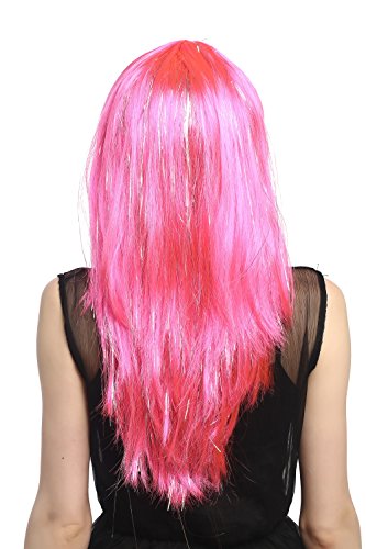 WIG ME UP- XR-003-PC5 Peluca señoras Carnaval Largo Liso mechones de Plata Flequillo Rosa Pink 55 cm