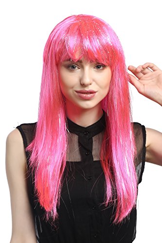 WIG ME UP- XR-003-PC5 Peluca señoras Carnaval Largo Liso mechones de Plata Flequillo Rosa Pink 55 cm