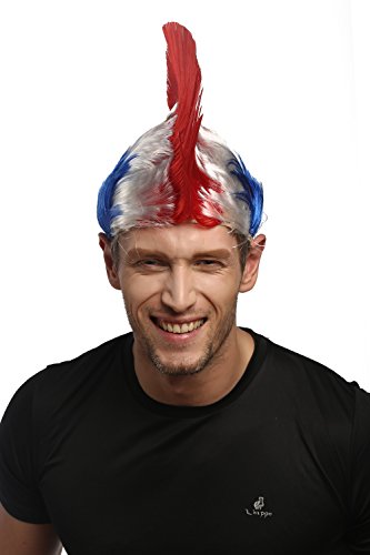 WIG ME UP- XR-012-PC13/P68/PC3 Peluca Carnaval Halloween Fan Wave Punk roquero Cresta Mohawk 80s Azul blaco Rojo Tricolor