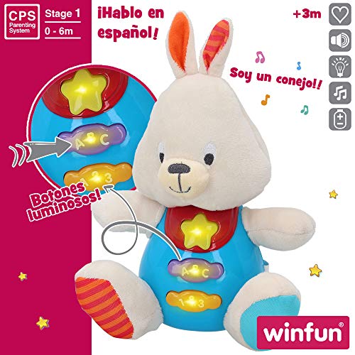 winfun - Peluche Conejo para bebés que habla y luces de colores, Idioma: Español (85179)