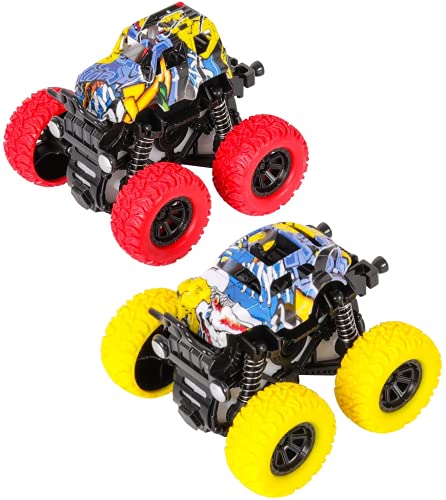 WolinTek 2 Paquetes Niños Camión Monstruo,Tire hacia Atrás del Coche,Inercia Vehiculo Todoterreno Juguete, Autos de Carreras con Rotación de 360 Grados Coches de Juguetes Regalo para Niños 3+ años (A)