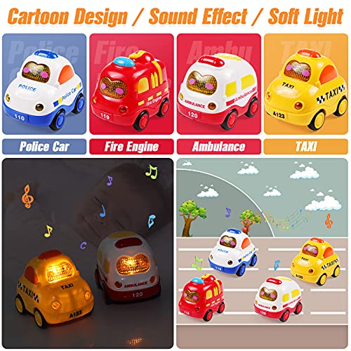 WolinTek 4PCS Coches de Juguete con Luces y Sonidos para niños,uguetes de Coche accionados por fricción por inercia,Camiones De Juguete Regalos para bebés,Early Educational Vehicles