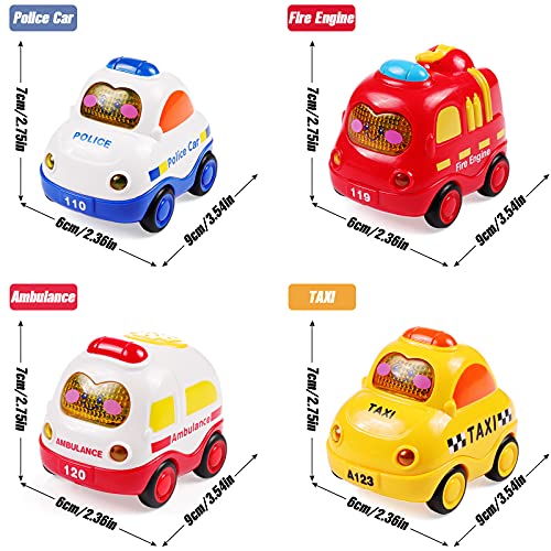 WolinTek 4PCS Coches de Juguete con Luces y Sonidos para niños,uguetes de Coche accionados por fricción por inercia,Camiones De Juguete Regalos para bebés,Early Educational Vehicles