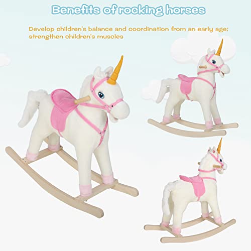 WOLTU Caballito Balancín Infantil Forma de Unicornio para Niños de 18-48 Meses, Balancín Peluche Suave con Sonidos de Galope, Mecedora con Asas, Blanco y Rosa 78x28x68 cm KSF004